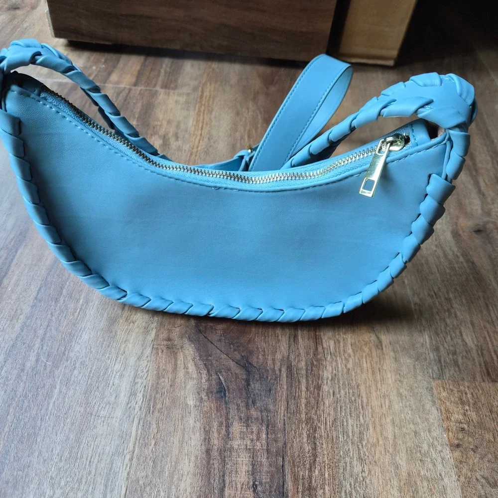 Jules‎ Kae Blue Vegan Leather Crescent Crossbody Bag Whipstitch Trim Gold PETA